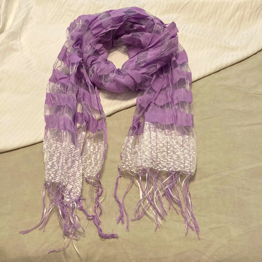 Purple and White Sheer Fringe Scarf